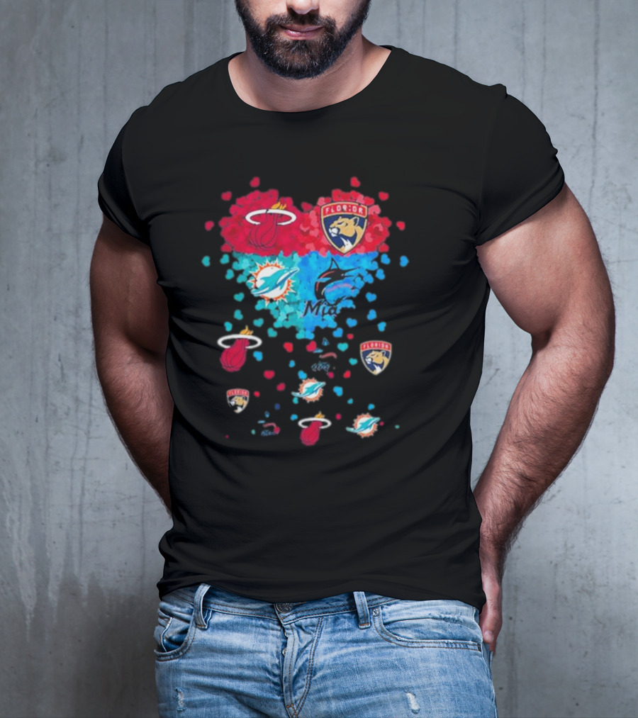 Miami Dolphins Miami Heat Florida Panthers Mashup Hearts T-Shirt