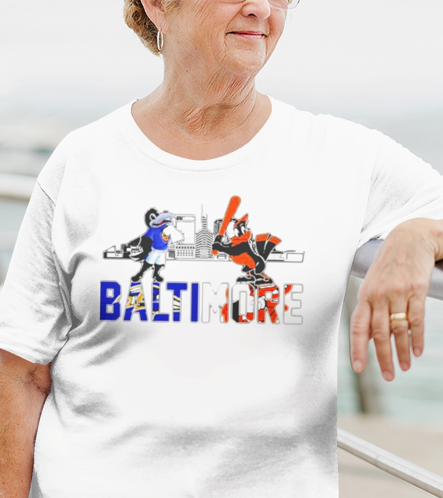 Baltimore Ravens And Orioles Mascot Skyline T-Shirt