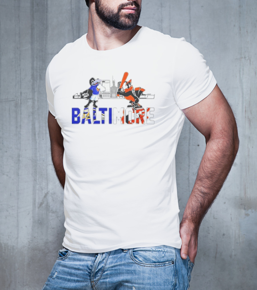 Baltimore Ravens And Orioles Mascot Skyline T-Shirt