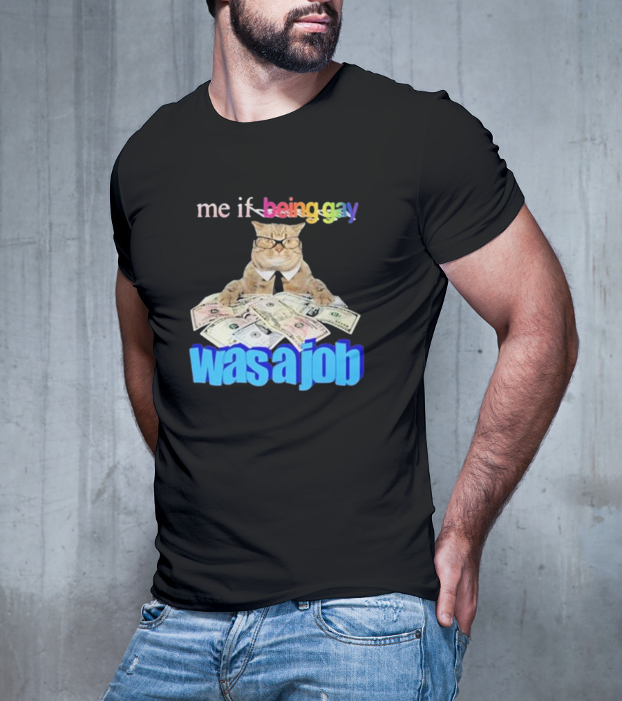 Cat With Money And Rainbow Text Me If Being Gay Was A Job T-Shirt