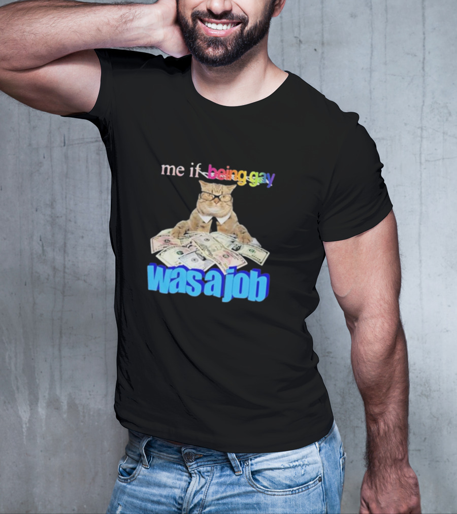 Cat With Money And Rainbow Text Me If Being Gay Was A Job T-Shirt