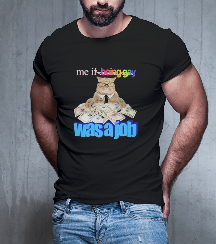 Cat With Money And Rainbow Text Me If Being Gay Was A Job T-Shirt