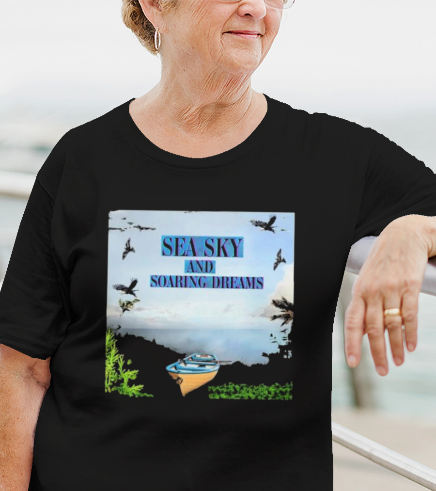 SEA SKY AND SOARING DREAMS WITH BIRDS AND BOAT IN NATURE SCENE T-Shirt