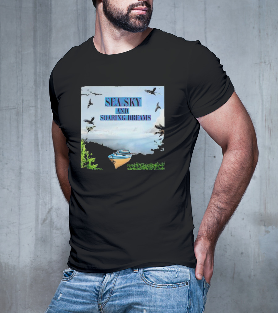 SEA SKY AND SOARING DREAMS WITH BIRDS AND BOAT IN NATURE SCENE T-Shirt
