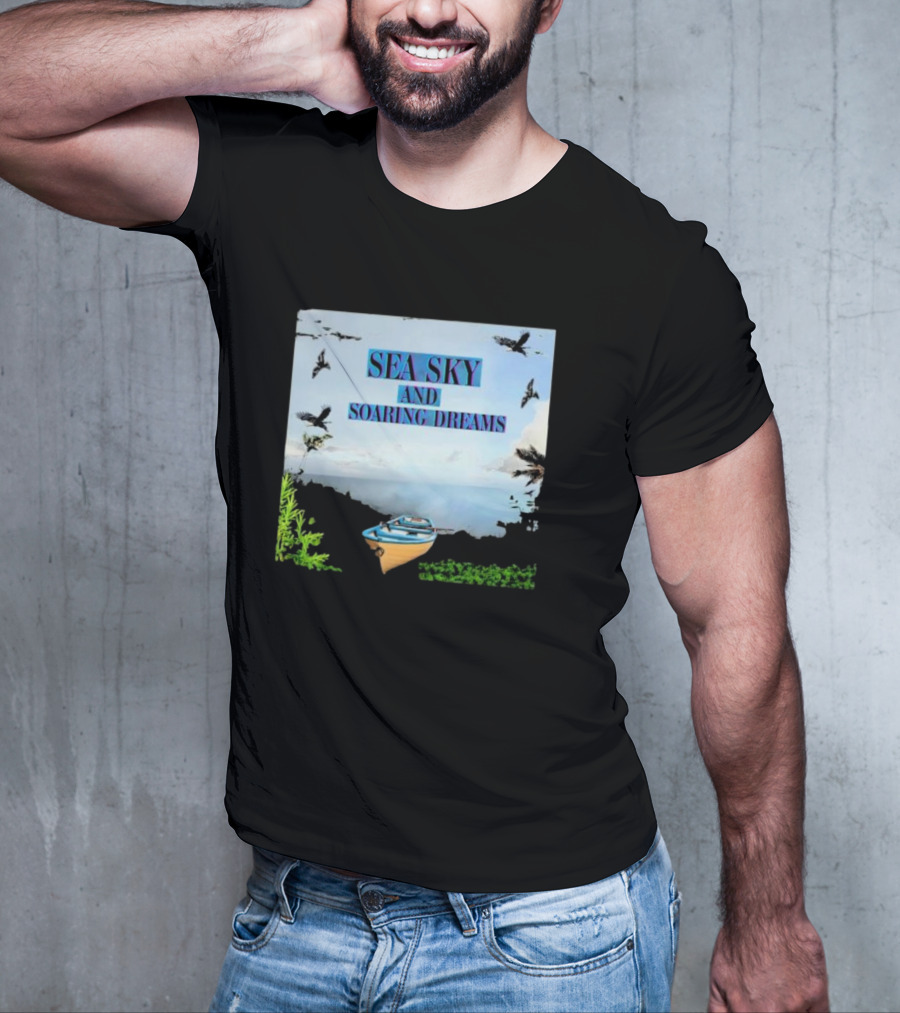 SEA SKY AND SOARING DREAMS WITH BIRDS AND BOAT IN NATURE SCENE T-Shirt