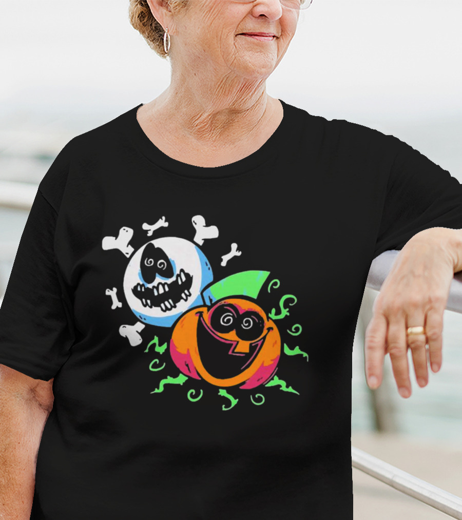 Spooky Month Colorful Cartoon Ghosts And Pumpkins With Bones T-Shirt