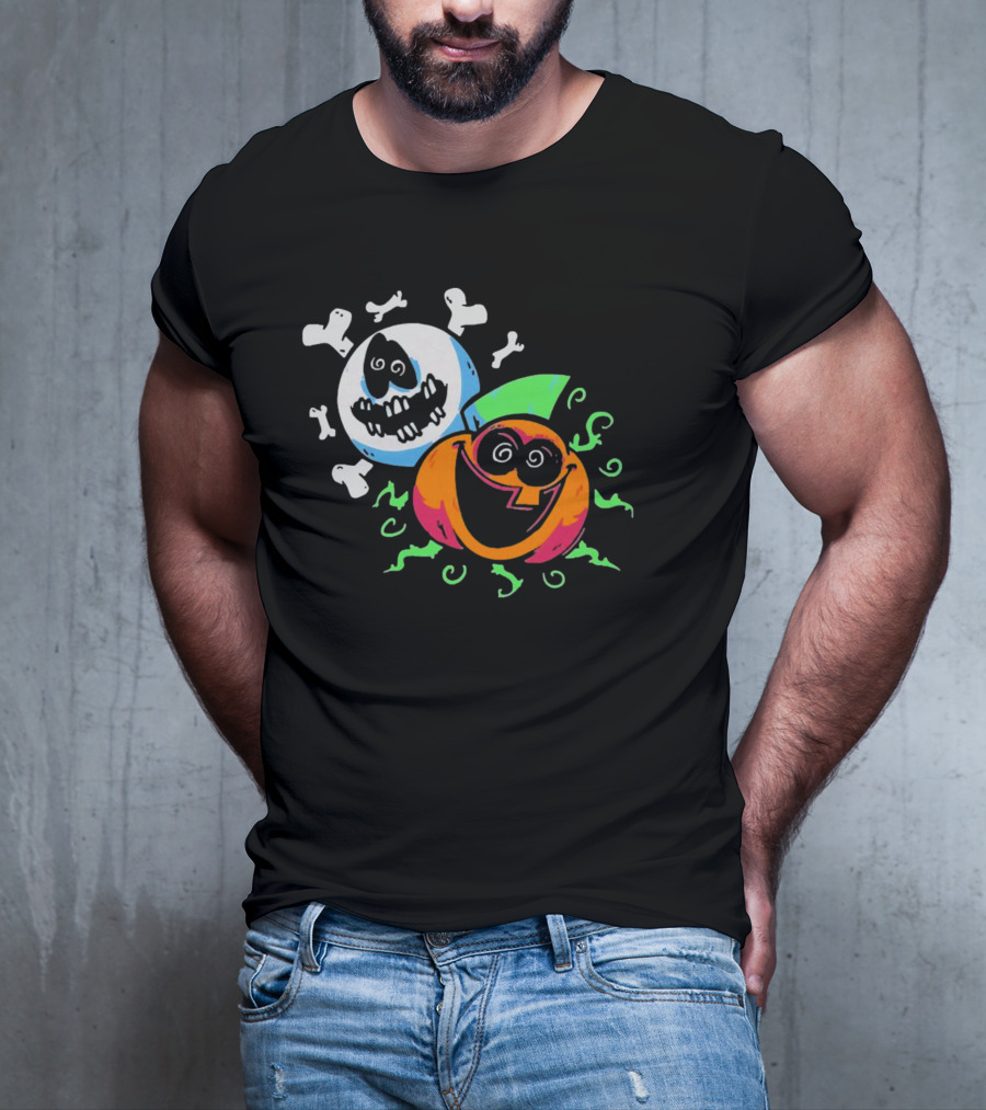Spooky Month Colorful Cartoon Ghosts And Pumpkins With Bones T-Shirt