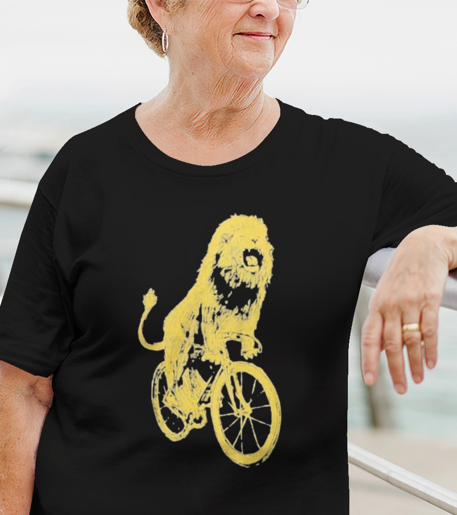 Lion Riding Bicycle Sketch Yellow T-Shirt
