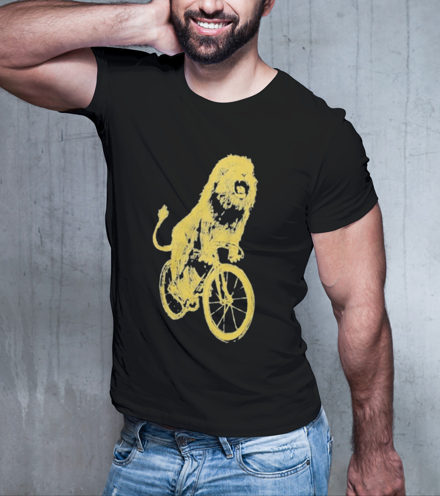 Lion Riding Bicycle Sketch Yellow T-Shirt