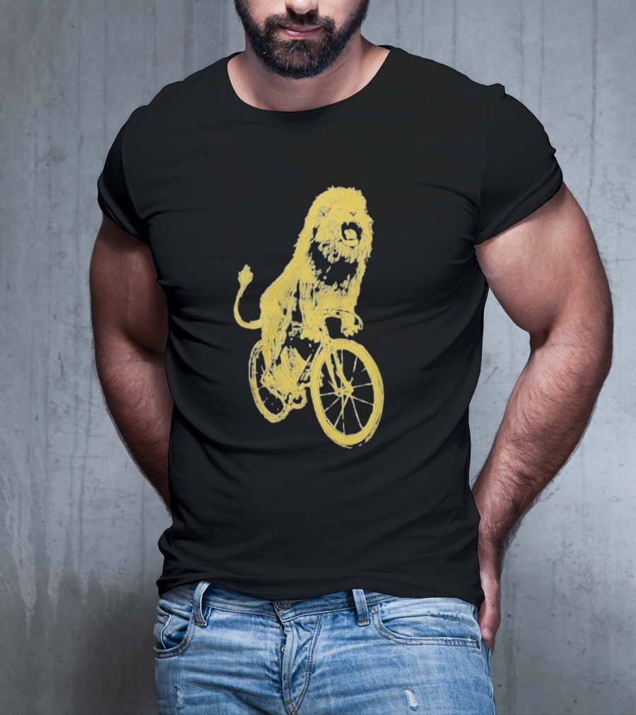 Lion Riding Bicycle Sketch Yellow T-Shirt