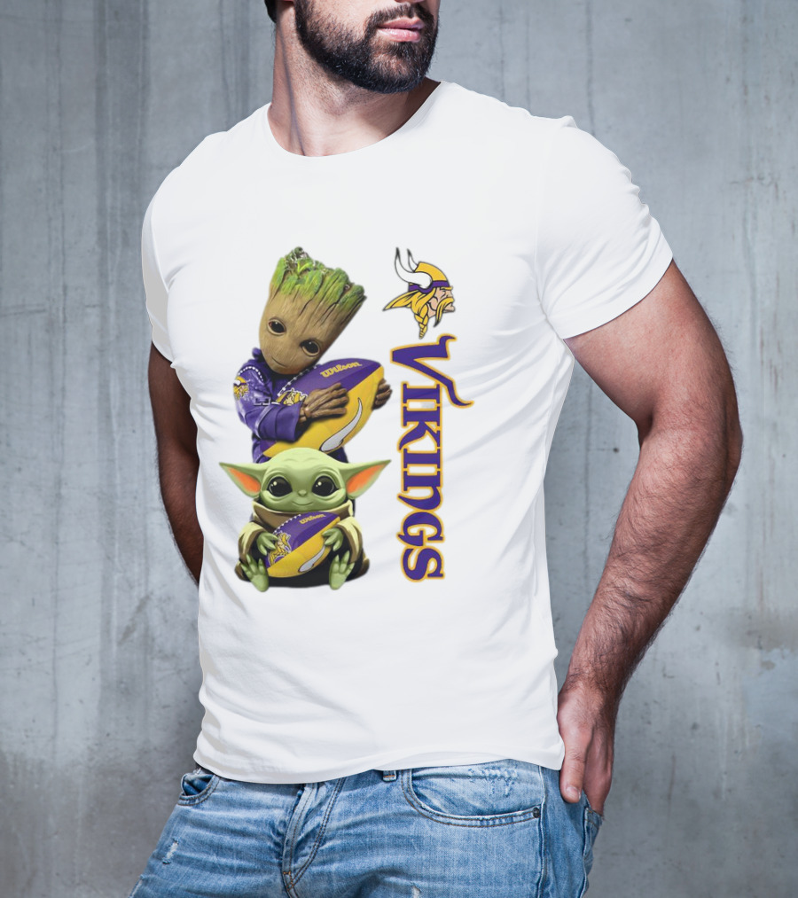 Baby Groot And Yoda Hugging Minnesota Vikings Football T-Shirt