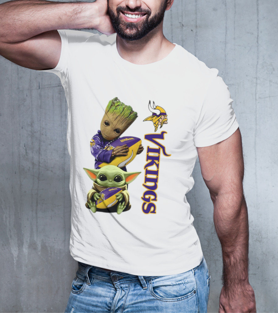Baby Groot And Yoda Hugging Minnesota Vikings Football T-Shirt