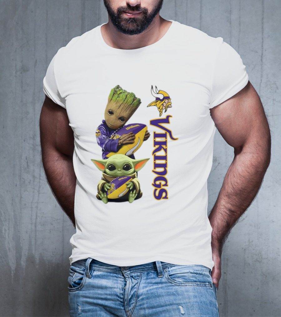 Baby Groot And Yoda Hugging Minnesota Vikings Football T-Shirt