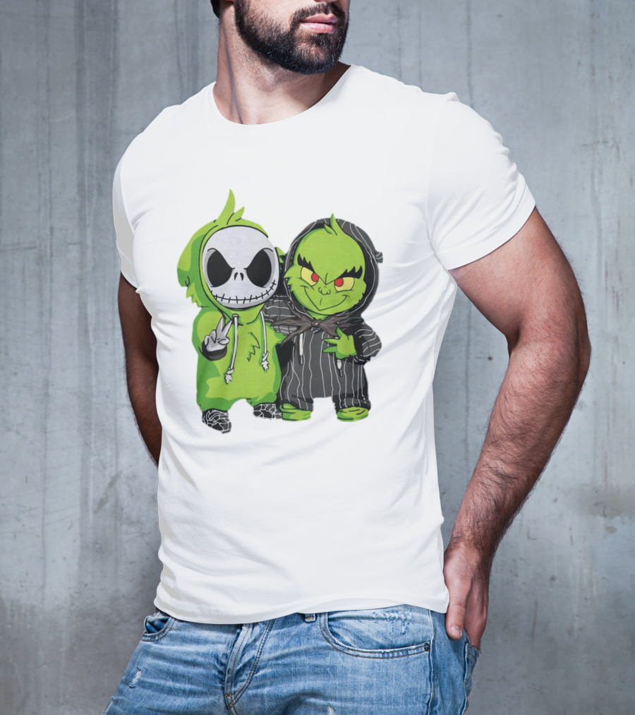 Baby Jack Skellington And Grinch In Green Hoodies T-Shirt