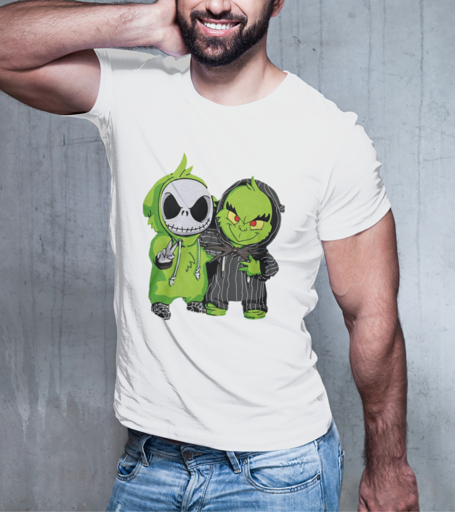 Baby Jack Skellington And Grinch In Green Hoodies T-Shirt