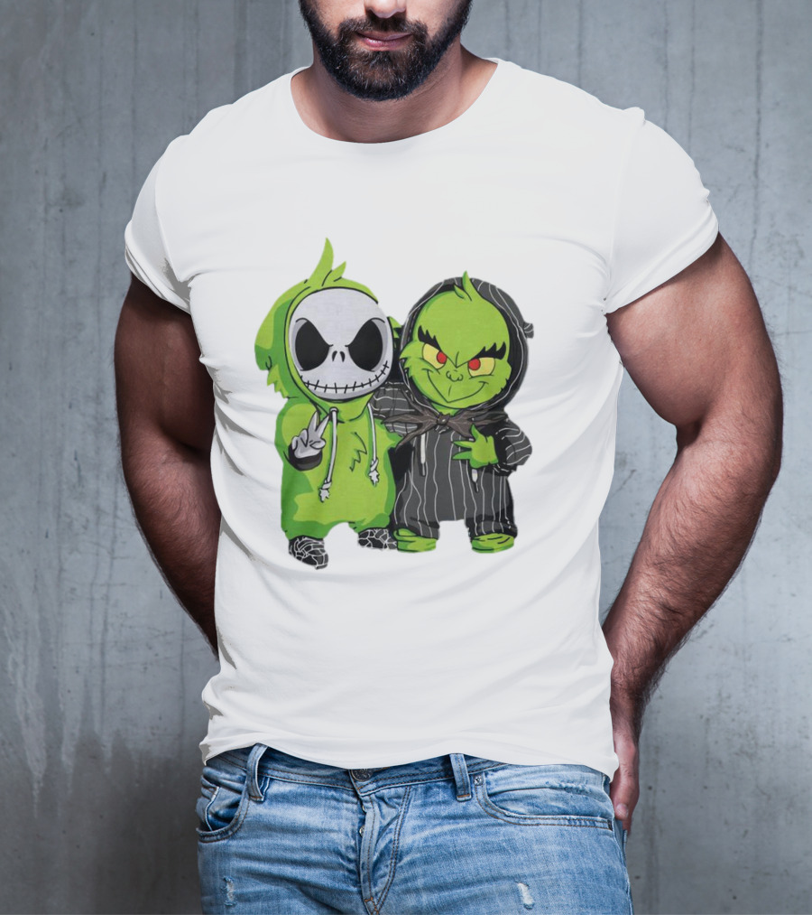Baby Jack Skellington And Grinch In Green Hoodies T-Shirt