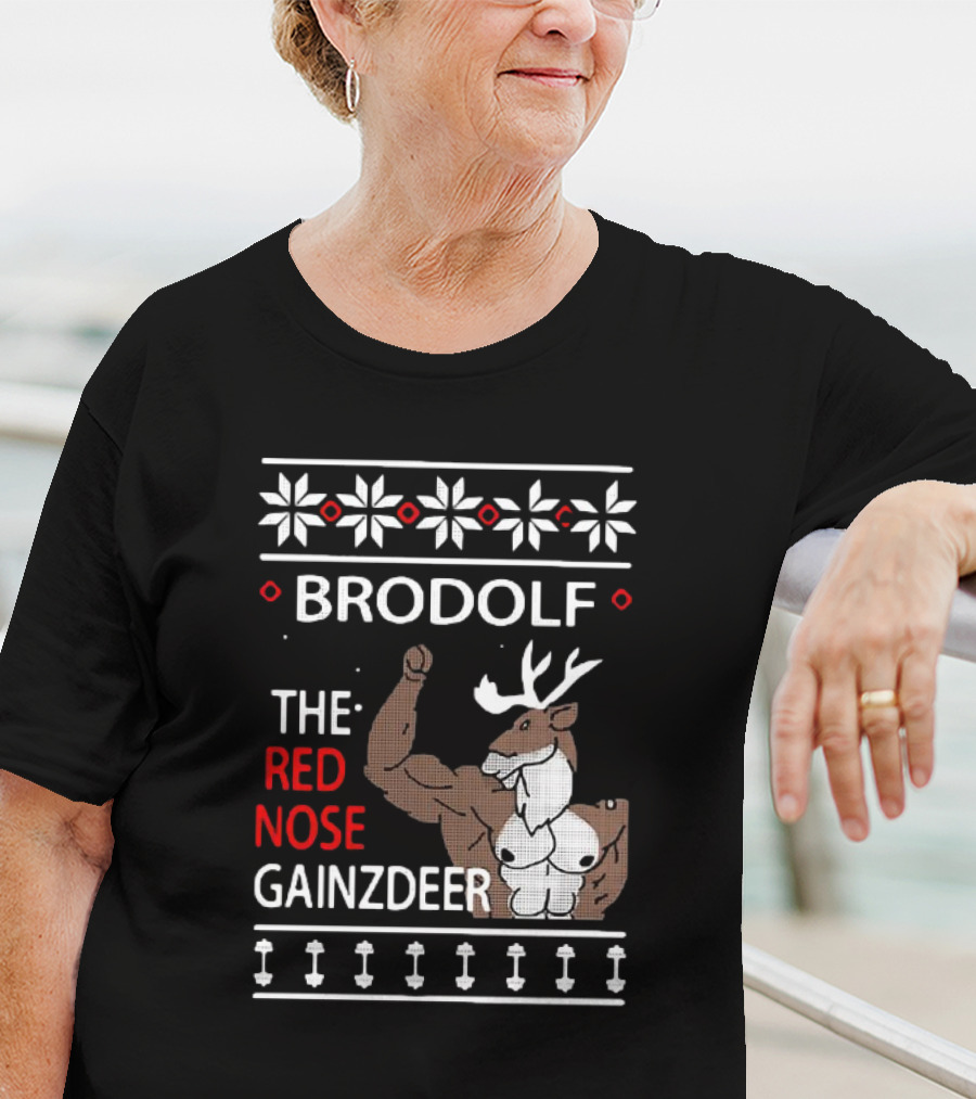 Brodolf The Red Nose Muscle Gainz Deer Christmas T-Shirt