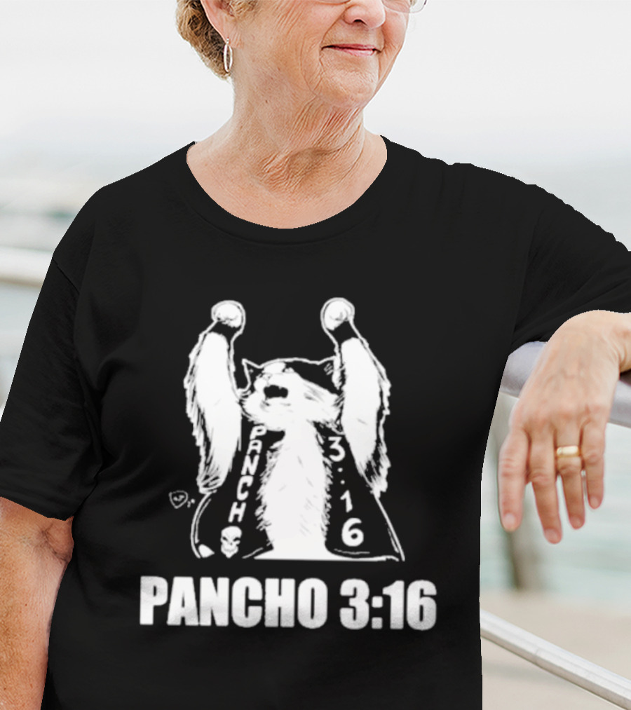 Pancho 3:16 Cat Illustration With Skull Motif And Raised Paws T-Shirt
