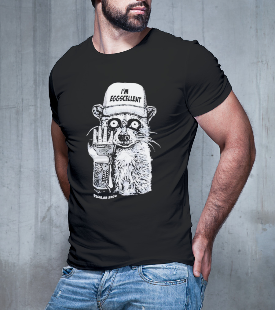 I'm Eggscellent Rigby Regular Show Raccoon Wearing Hat With Cybernetic Arm T-Shirt