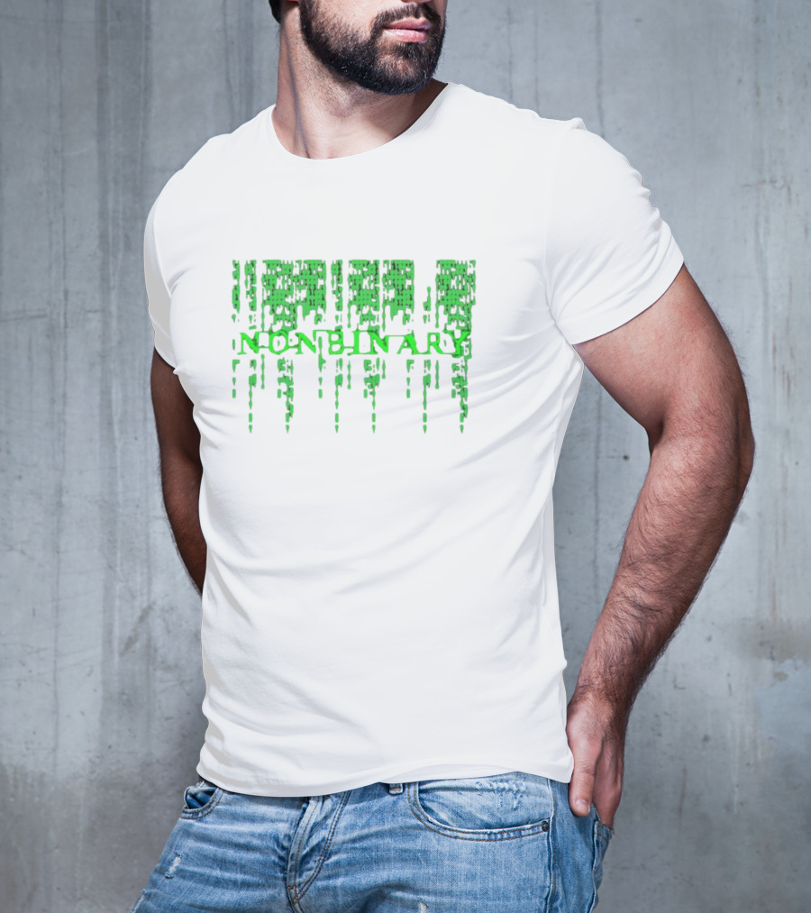 Non Binary Code Matrix-Inspired Green Text T-Shirt