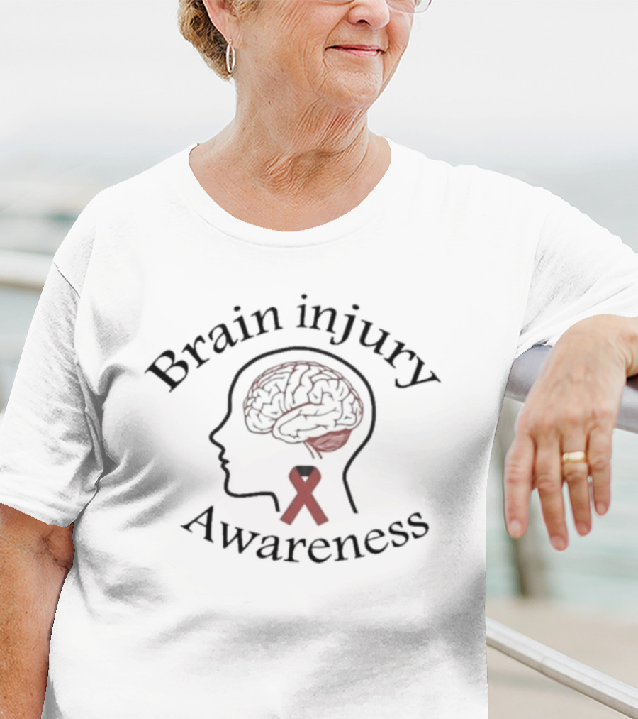 Brain Injury Awareness Red Ribbon Head Silhouette With Brain Outline T-Shirt