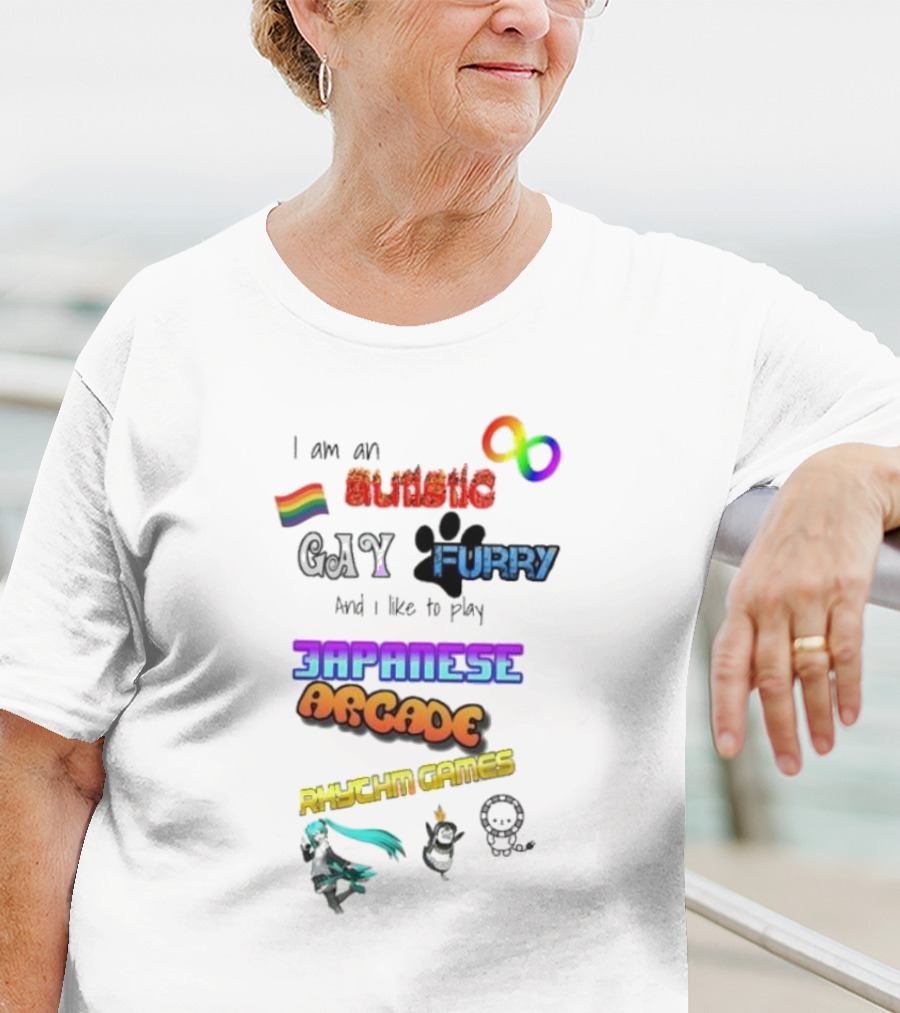 I Am An Autistic Gay Furry I Like To Play Japanese Arcade Rphychm Games Autistic Pride Infinity Rainbow Flag Paw Prints T-Shirt