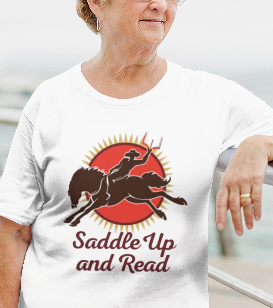 Saddle Up And Read Horseback Silhouette Against Sunburst T-Shirt