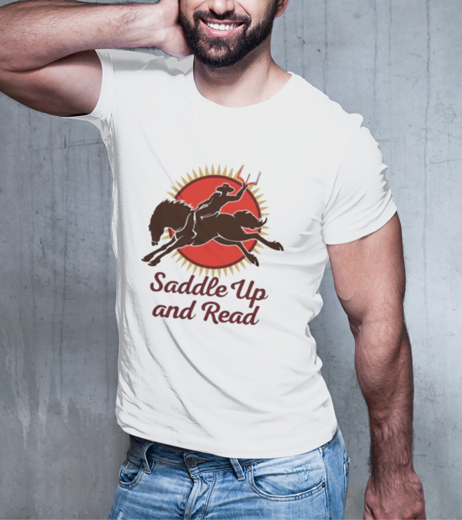 Saddle Up And Read Horseback Silhouette Against Sunburst T-Shirt