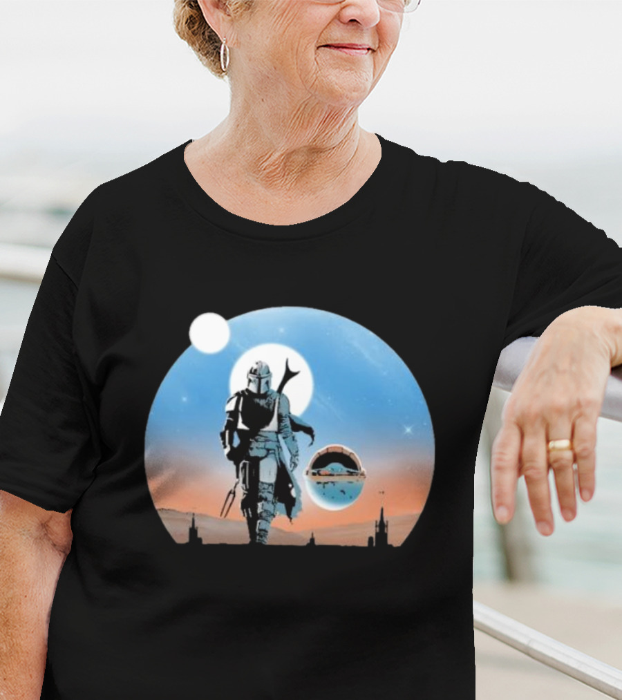 Protect The Child Star War Walking Mandalorian Sunset Adventure T-Shirt
