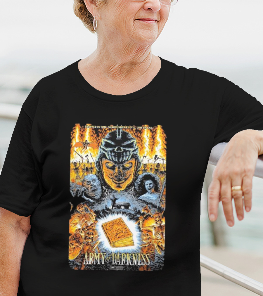 Trapped In Time Surrounded By Evil Low On Gas Army Of Darkness Necronomicon Evil Dead Horror Collage T-Shirt