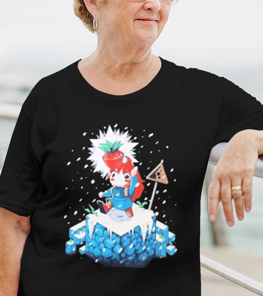 The Yetee Celeste 64 Pixel Adventure Character With Strawberry And Flag On Ice Mountain T-Shirt