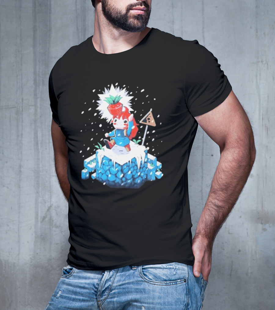 The Yetee Celeste 64 Pixel Adventure Character With Strawberry And Flag On Ice Mountain T-Shirt