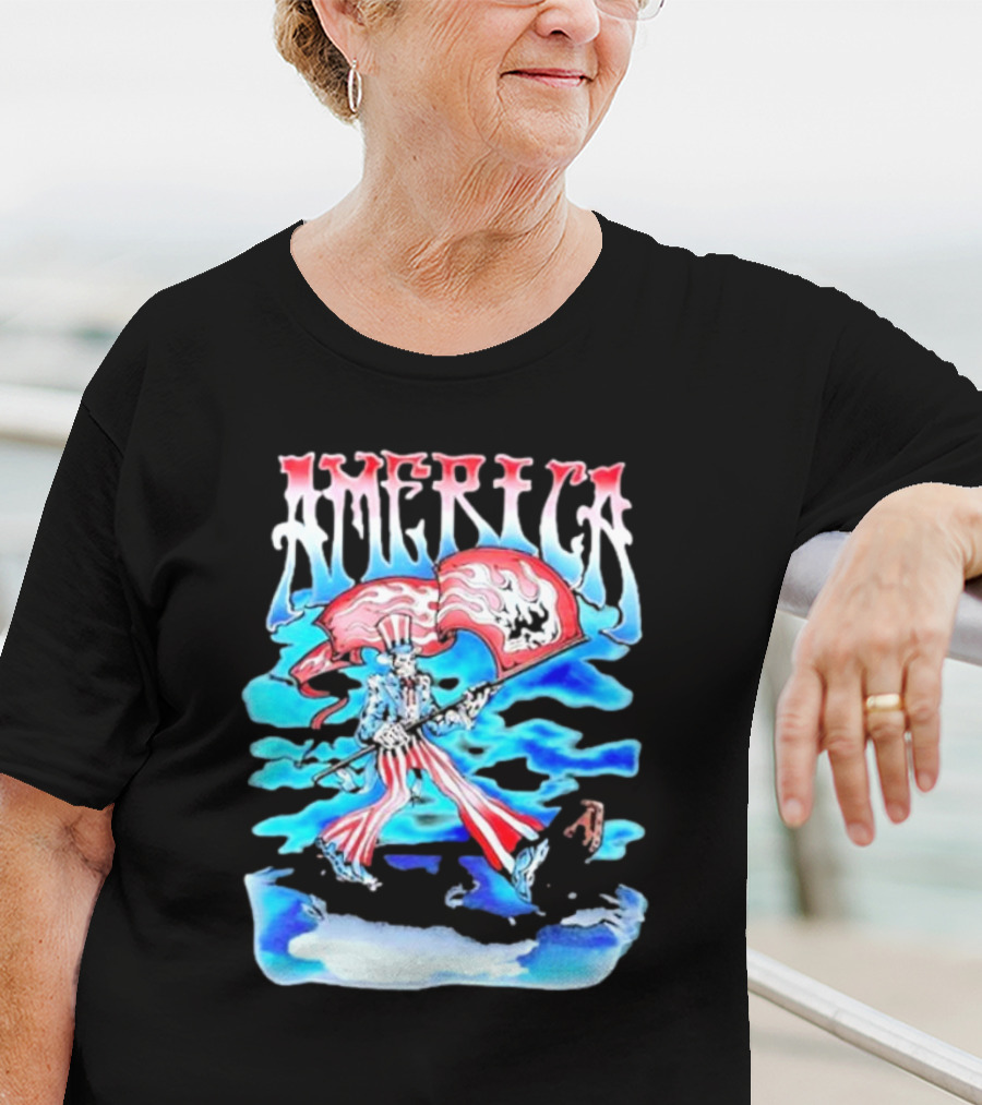Warren Lotas America Skeleton Uncle Sam With Skull Flags T-Shirt