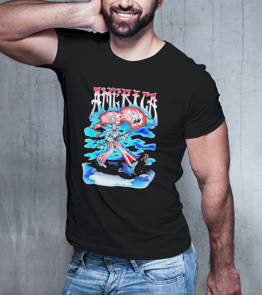 Warren Lotas America Skeleton Uncle Sam With Skull Flags T-Shirt