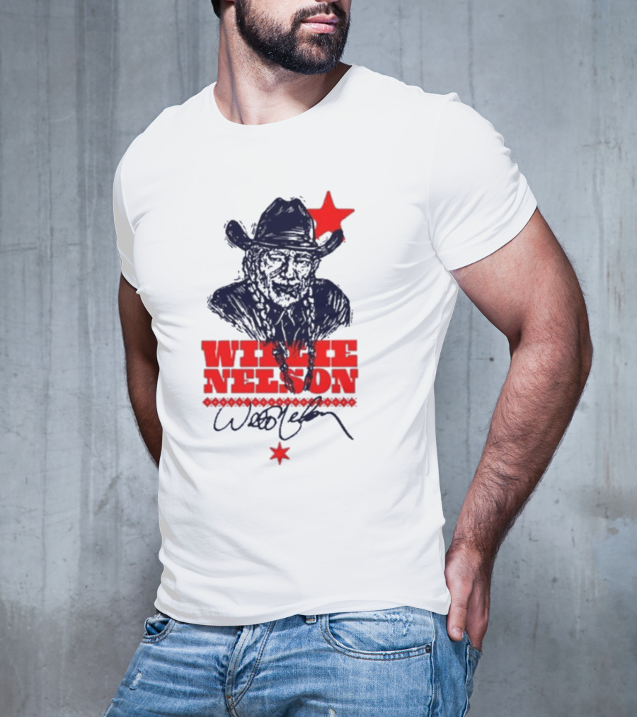 Willie Nelson Woodcut Cowboy Hat Red Star T-Shirt