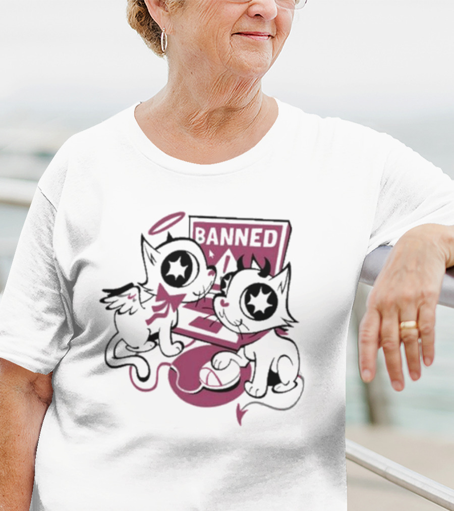 Sinjin Banned Angel Devil Cats With Starry Eyes Sitting By Computer T-Shirt