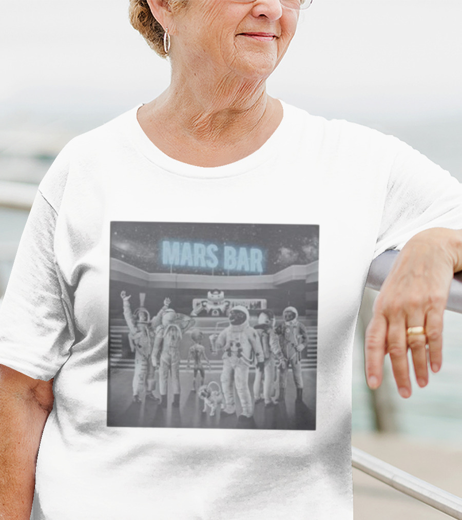 Mars Bar With Astronauts And Alien In Space Scene T-Shirt