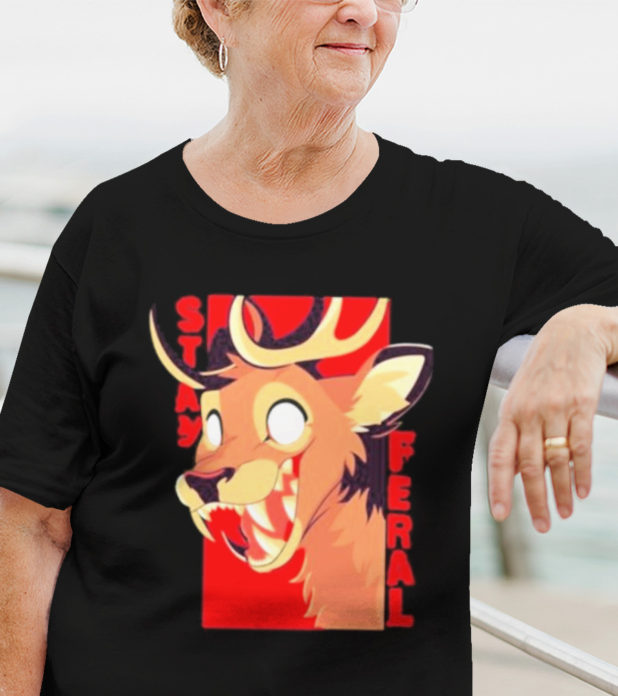 Stay Feral Toothy Deer Wild Expression Monochrome Cartoon T-Shirt