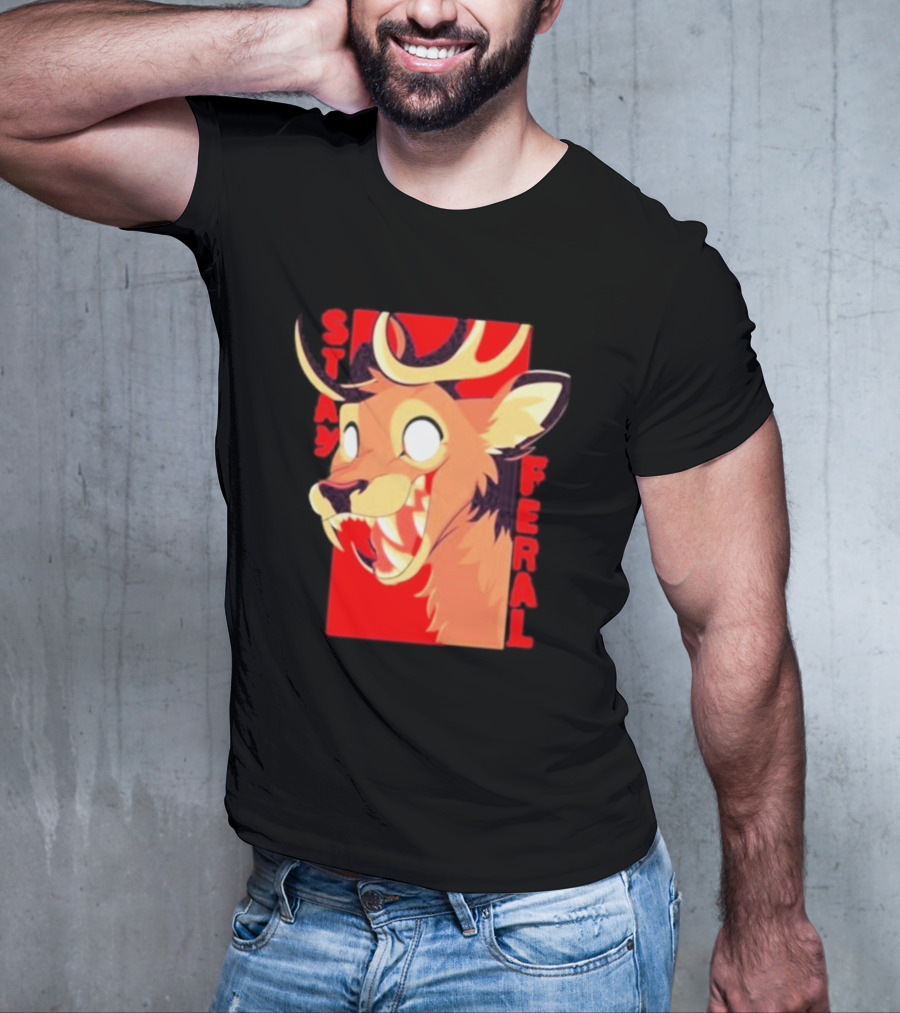 Stay Feral Toothy Deer Wild Expression Monochrome Cartoon T-Shirt