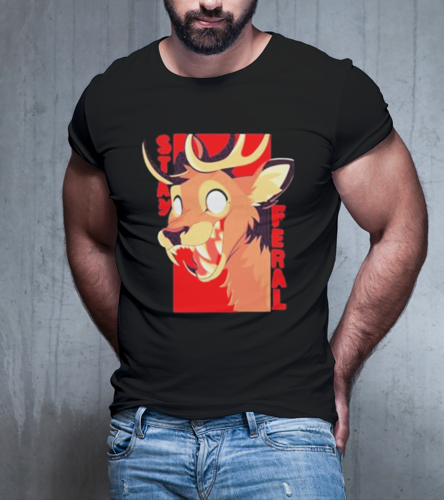 Stay Feral Toothy Deer Wild Expression Monochrome Cartoon T-Shirt