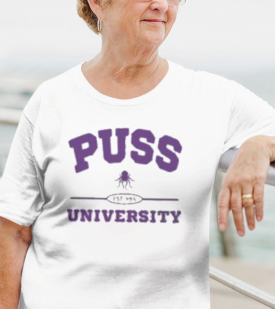Puss University Est 888 Purple Logo Design With Octopus T-Shirt