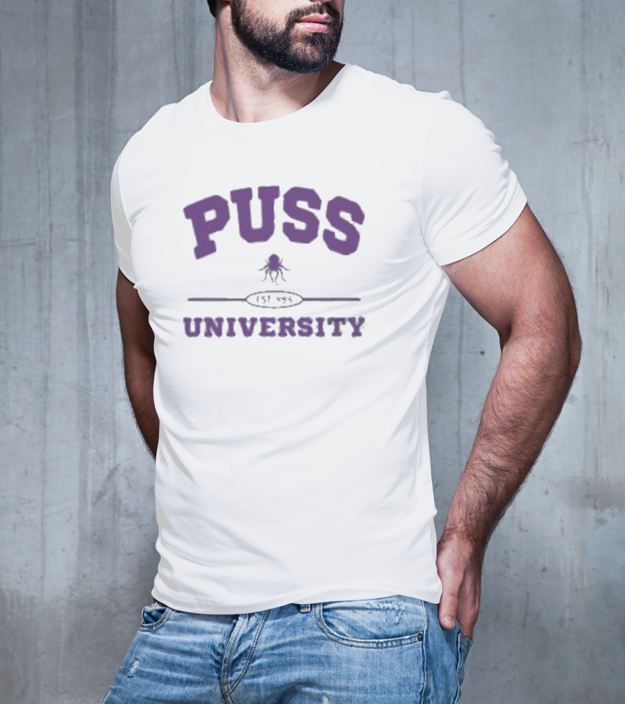 Puss University Est 888 Purple Logo Design With Octopus T-Shirt
