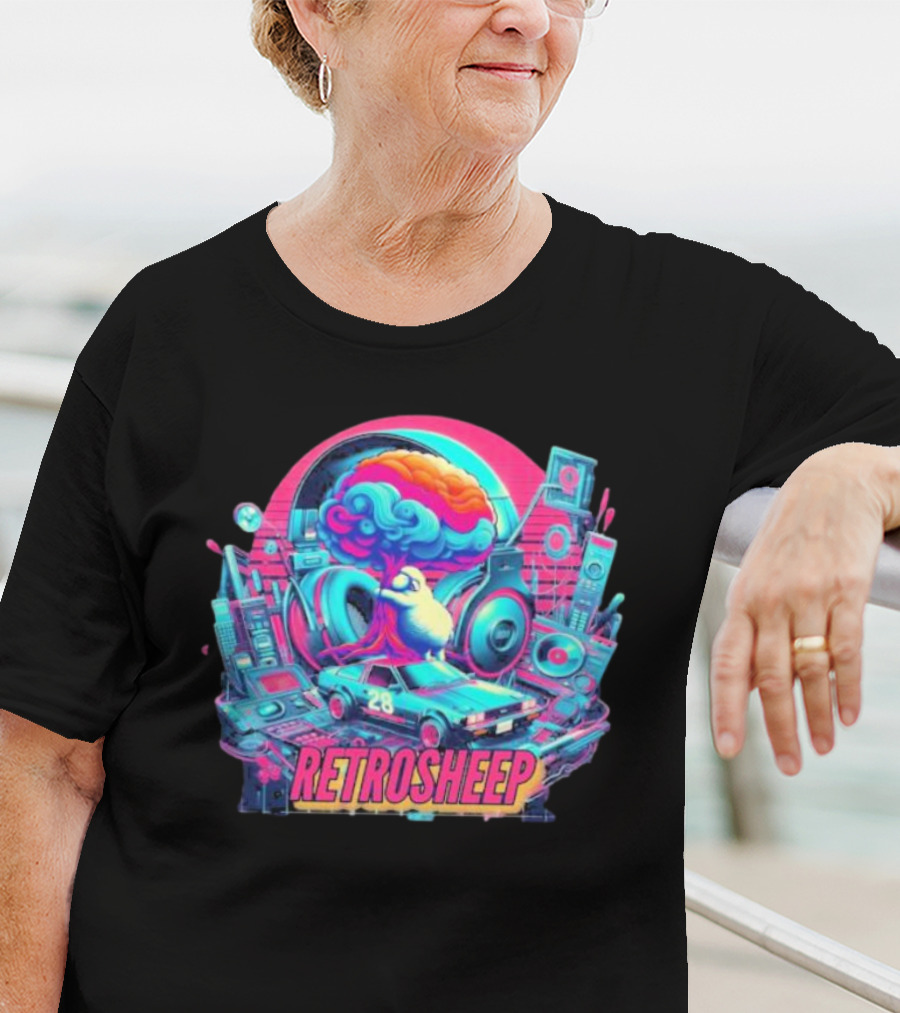 Retrosheep Neon Music Explosion With Retro Cars And Speakers T-Shirt