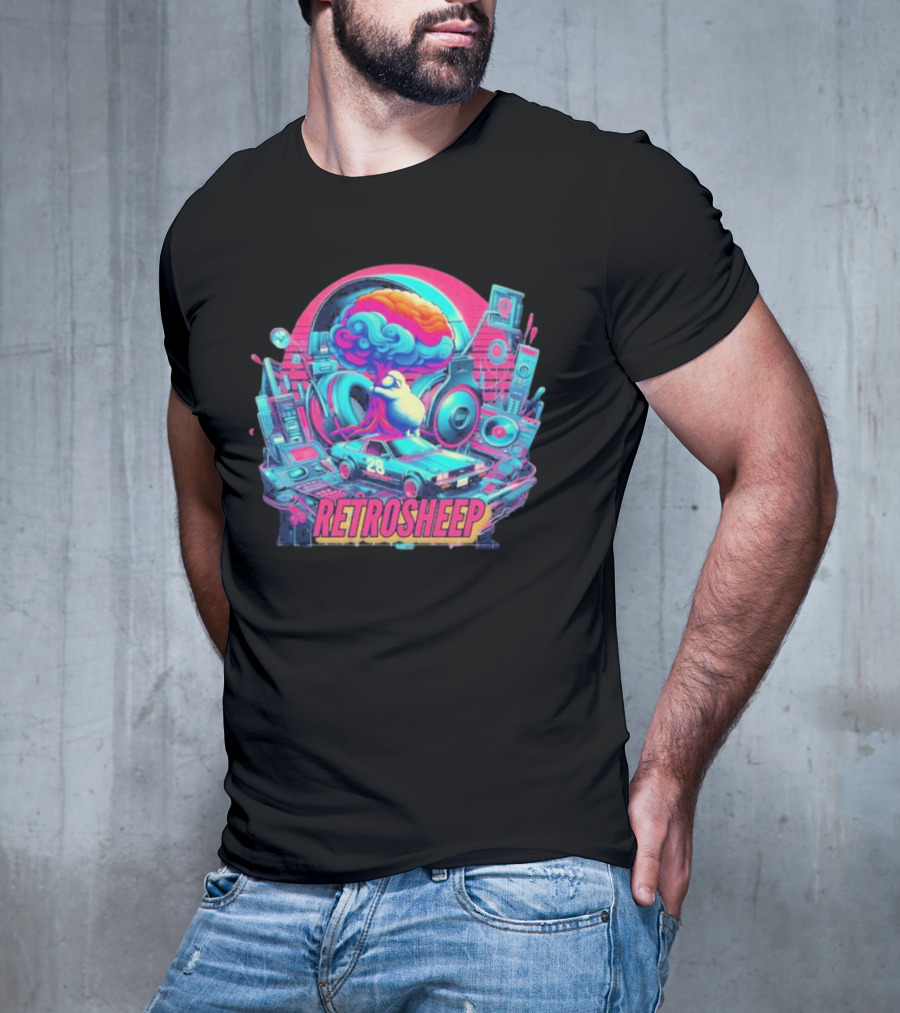Retrosheep Neon Music Explosion With Retro Cars And Speakers T-Shirt