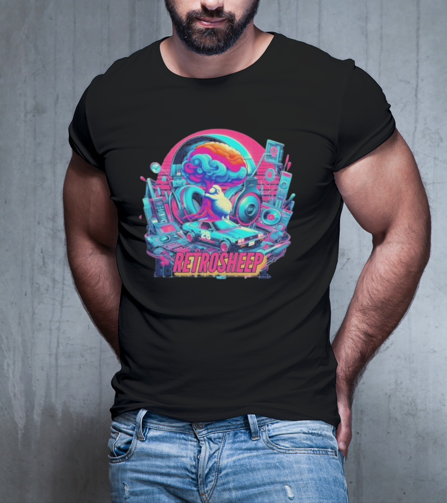 Retrosheep Neon Music Explosion With Retro Cars And Speakers T-Shirt