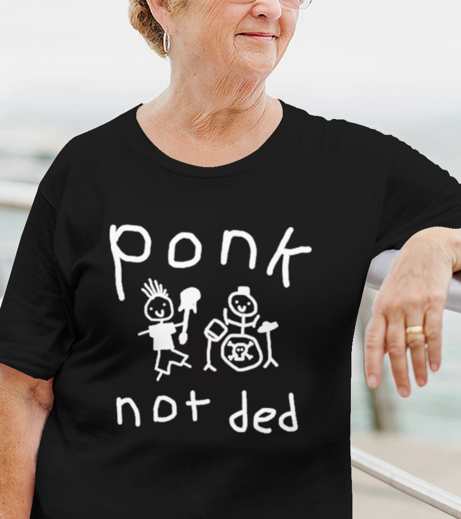 Ponk Not Ded Stick Figure Band Drummer And Guitarist Sketch T-Shirt