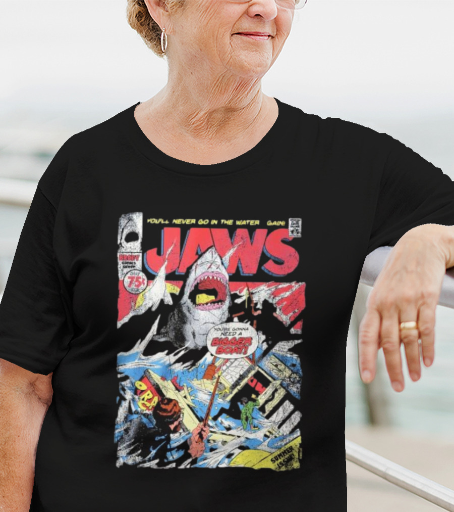 Jaws Comic Cover You'll Never Go In The Water Again You're Gonna Need A Bigger Boat 75 Cent July Roy Thomas Ross Andru Comic Code Authority T-Shirt
