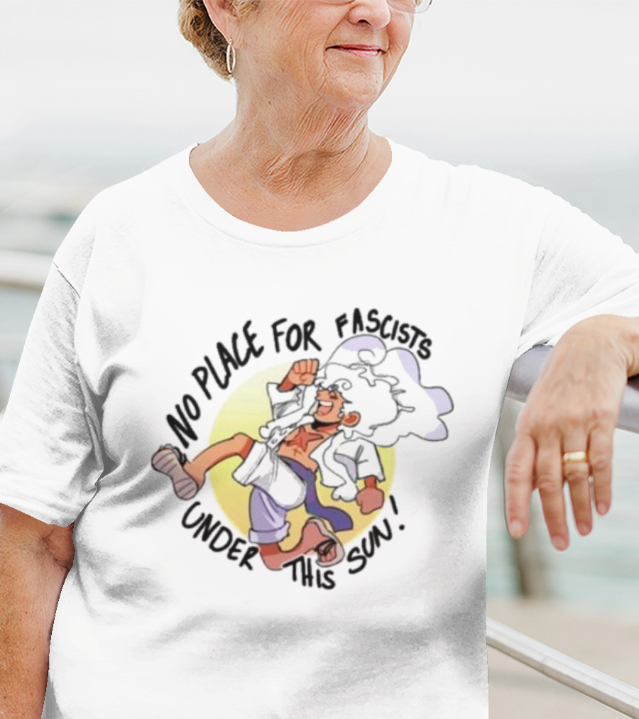 No Place For Fascists Under This Sun Energetic Character Jumping Against Yellow Circle Background T-Shirt