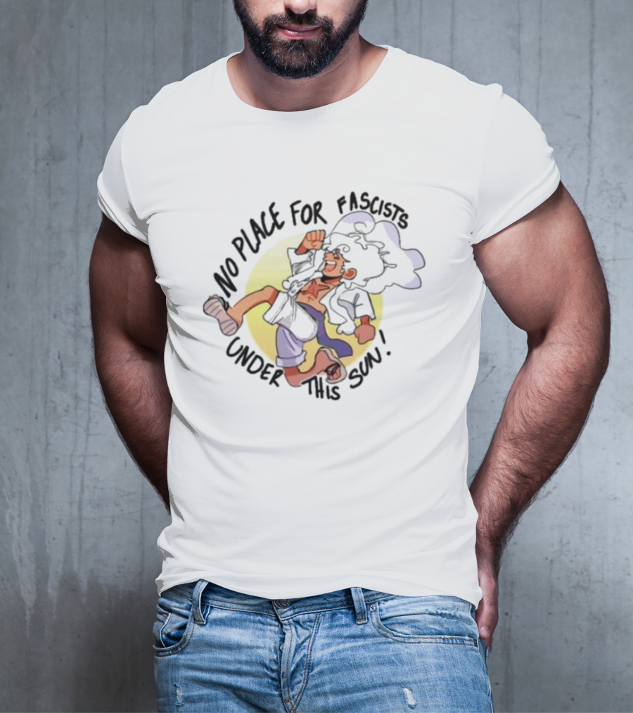 No Place For Fascists Under This Sun Energetic Character Jumping Against Yellow Circle Background T-Shirt