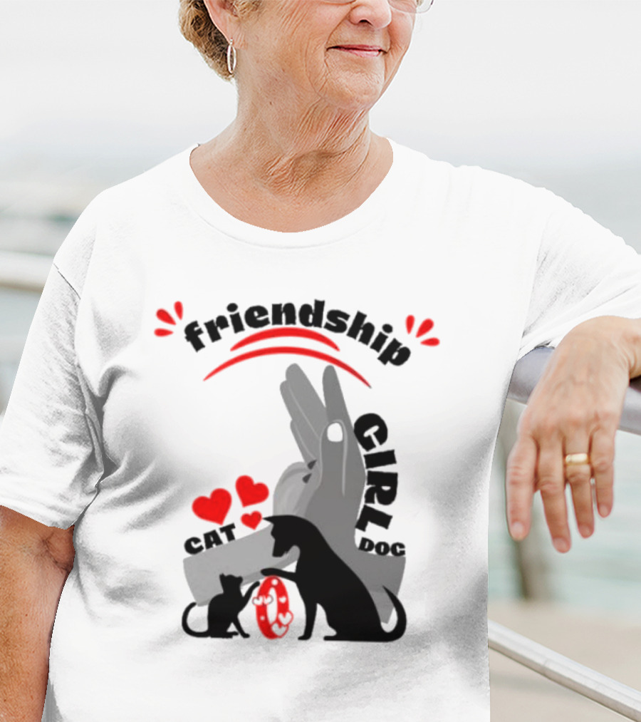 Friendship Girl Cat Dog Pet Pal Hearts T-Shirt